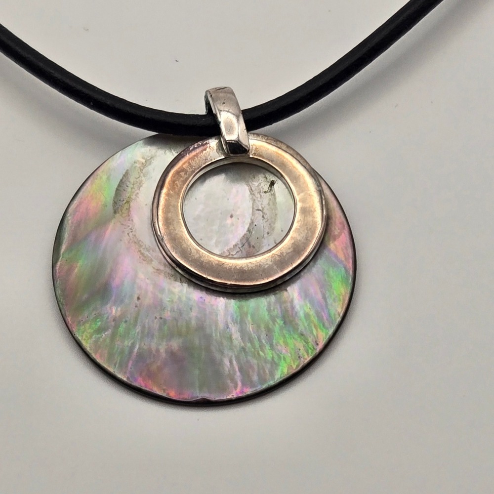 Mother of Pearl Shell Circle Pendant Necklace Black Cord Iridescent Silver Tone